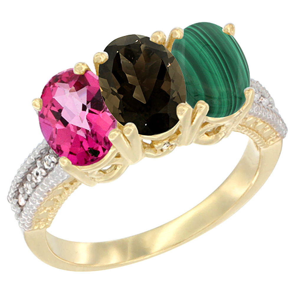 10K Yellow Gold Diamond Natural Pink Topaz, Smoky Topaz & Malachite Ring 3-Stone Oval 7x5 mm, sizes 5 - 10