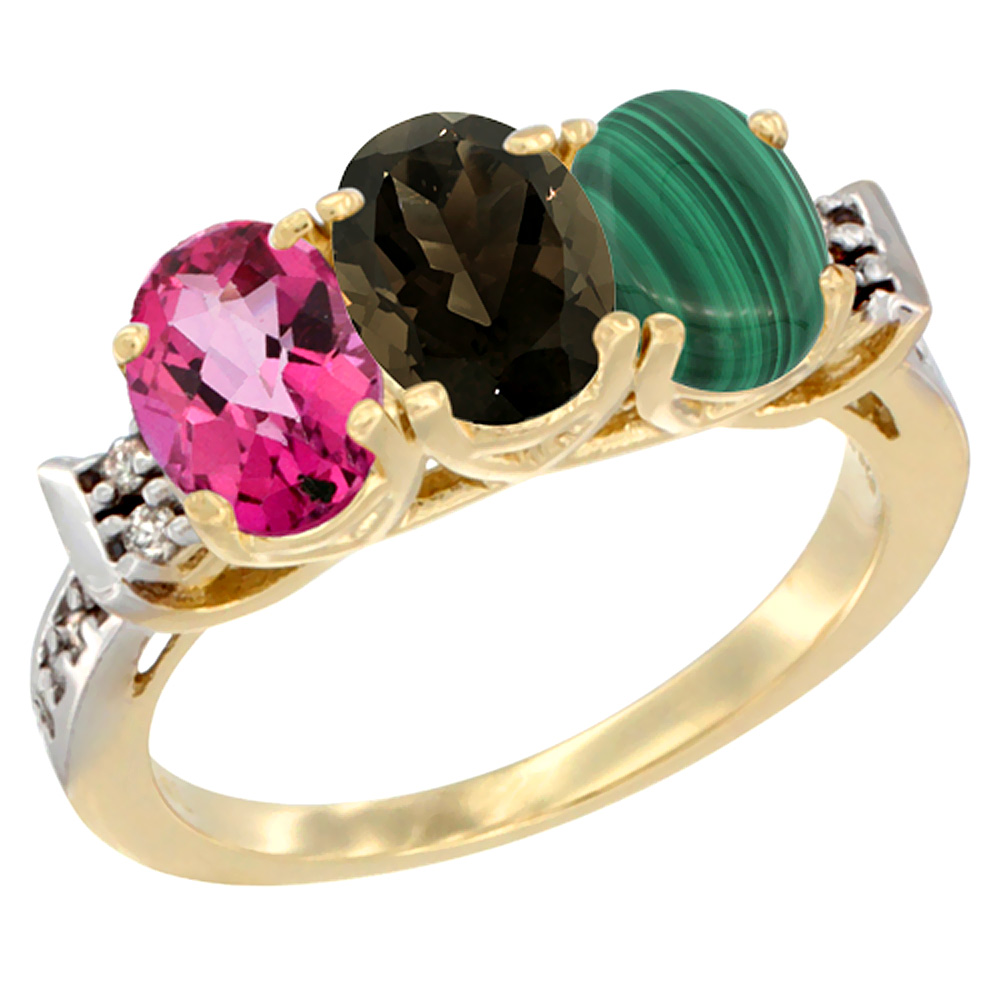 10K Yellow Gold Natural Pink Topaz, Smoky Topaz &amp; Malachite Ring 3-Stone Oval 7x5 mm Diamond Accent, sizes 5 - 10