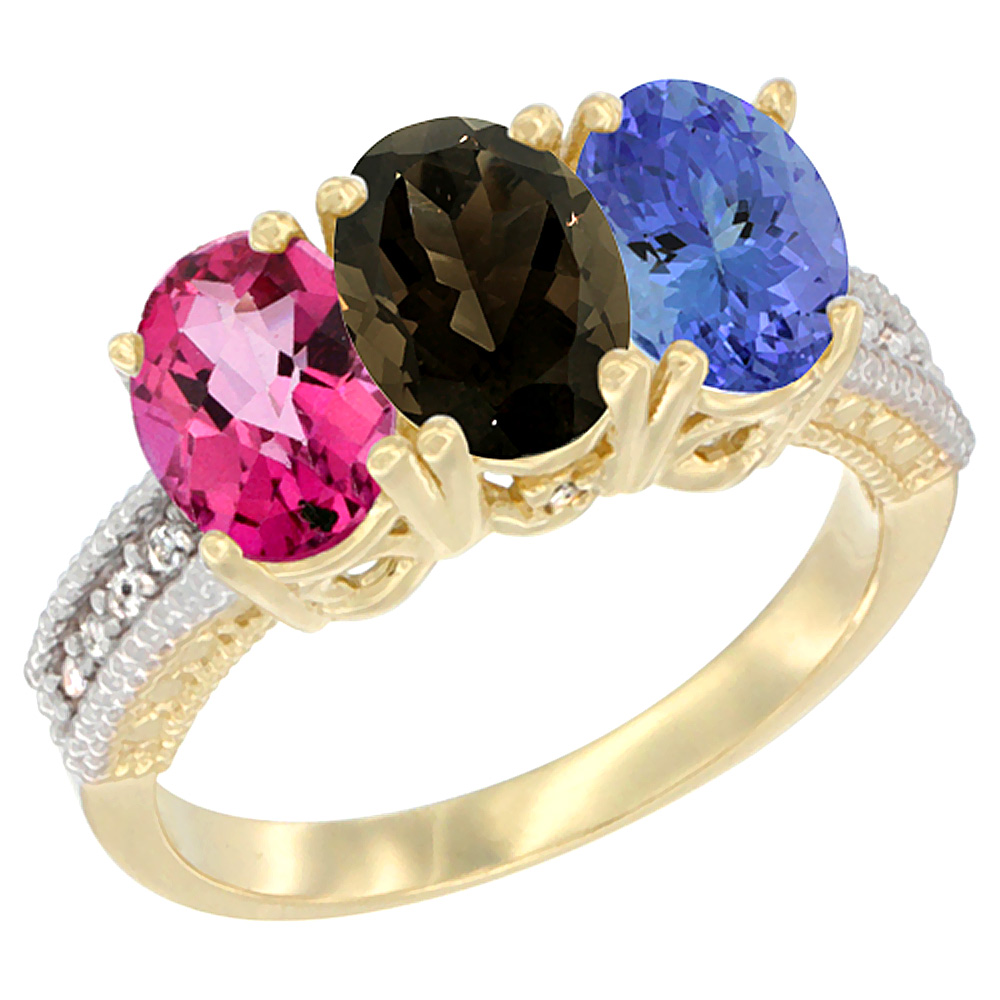 10K Yellow Gold Diamond Natural Pink Topaz, Smoky Topaz & Tanzanite Ring 3-Stone Oval 7x5 mm, sizes 5 - 10