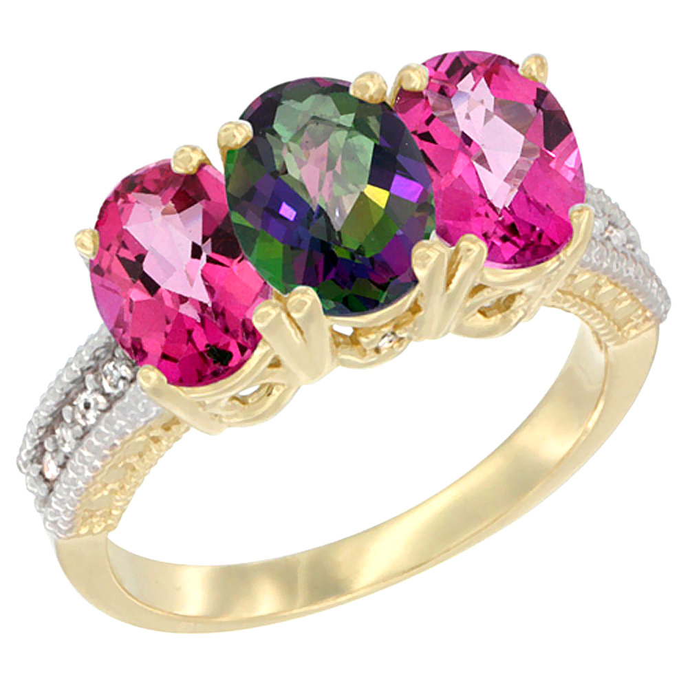 14K Yellow Gold Natural Mystic Topaz & Pink Topaz Sides Ring 3-Stone 7x5 mm Oval Diamond Accent, sizes 5 - 10