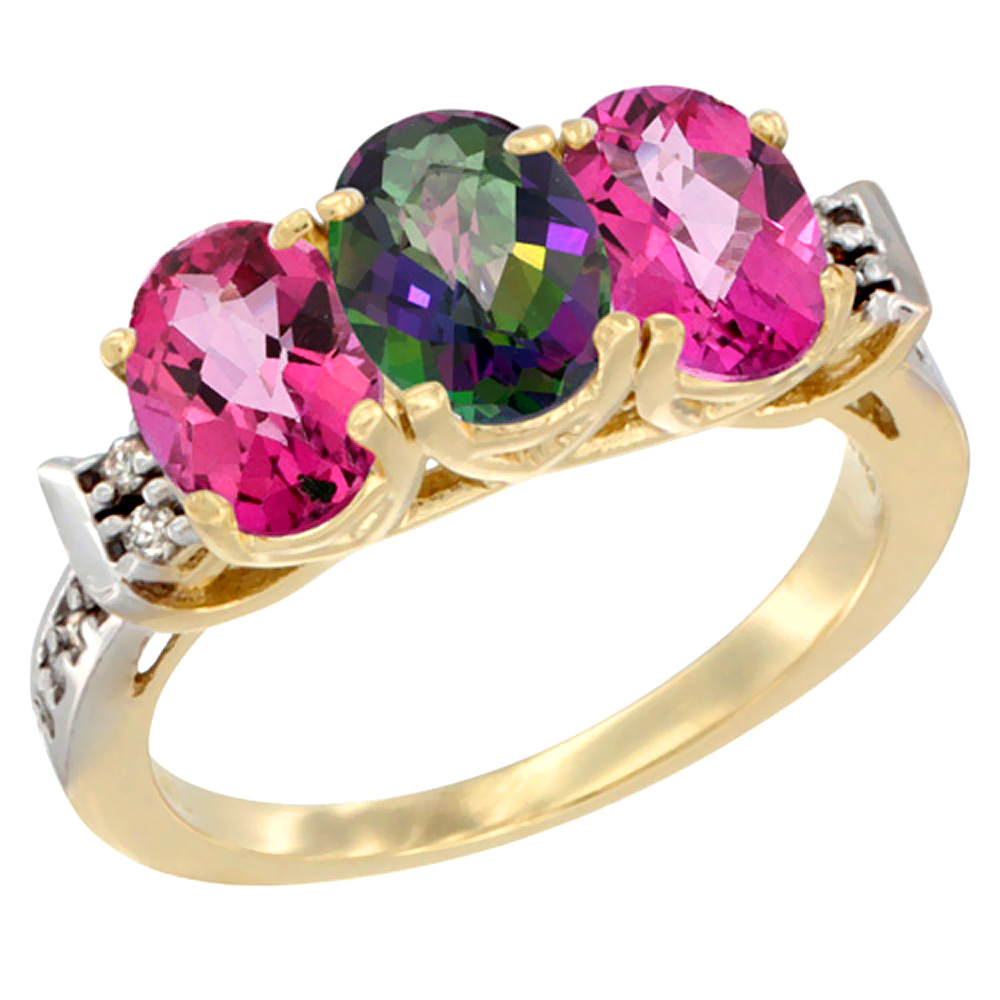 14K Yellow Gold Natural Mystic Topaz &amp; Pink Topaz Sides Ring 3-Stone 7x5 mm Oval Diamond Accent, sizes 5 - 10