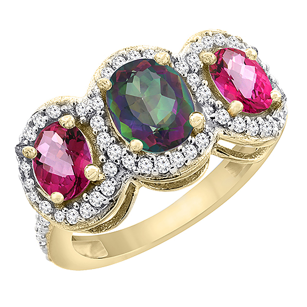 10K Yellow Gold Natural Mystic Topaz & Pink Topaz 3-Stone Ring Oval Diamond Accent, sizes 5 - 10