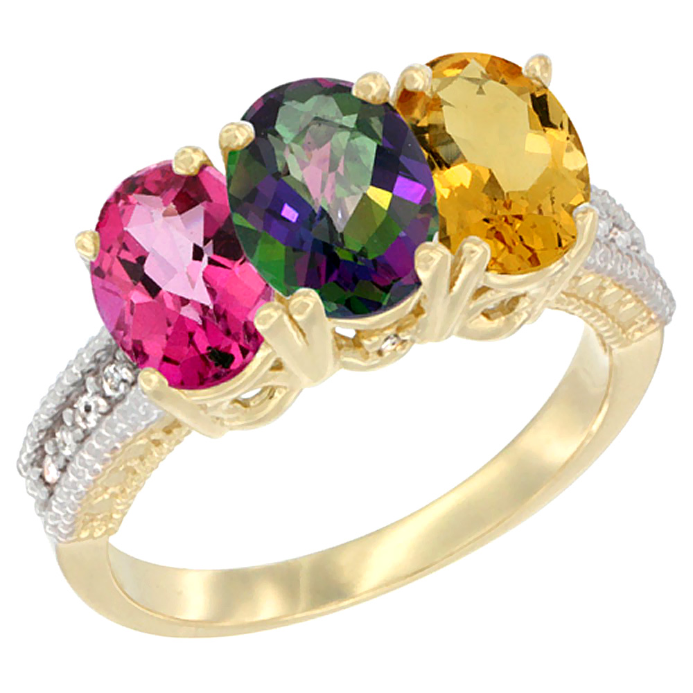 14K Yellow Gold Natural Pink Topaz, Mystic Topaz & Citrine Ring 3-Stone 7x5 mm Oval Diamond Accent, sizes 5 - 10