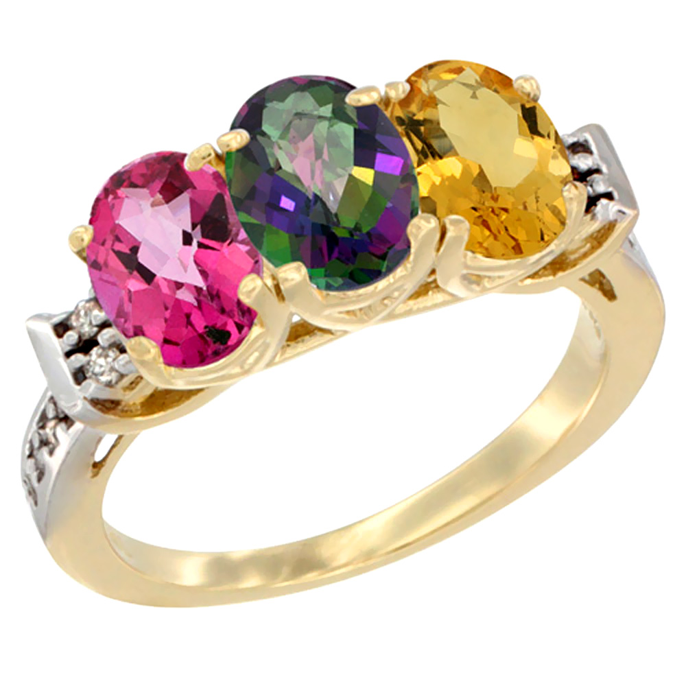 14K Yellow Gold Natural Pink Topaz, Mystic Topaz &amp; Citrine Ring 3-Stone 7x5 mm Oval Diamond Accent, sizes 5 - 10