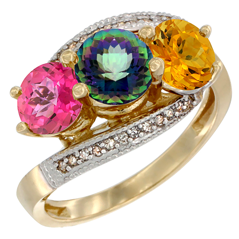 14K Yellow Gold Natural Pink Topaz, Mystic Topaz &amp; Citrine 3 stone Ring Round 6mm Diamond Accent, sizes 5 - 10