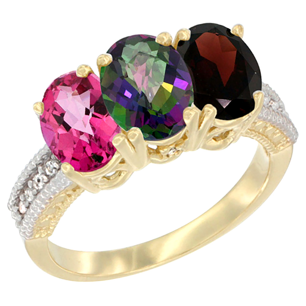 14K Yellow Gold Natural Pink Topaz, Mystic Topaz &amp; Garnet Ring 3-Stone 7x5 mm Oval Diamond Accent, sizes 5 - 10