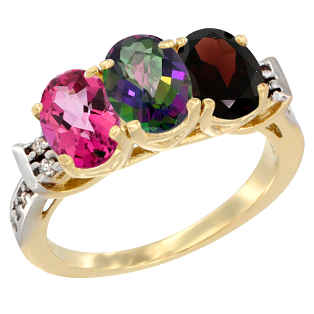 14K Yellow Gold Natural Pink Topaz, Mystic Topaz &amp; Garnet Ring 3-Stone 7x5 mm Oval Diamond Accent, sizes 5 - 10