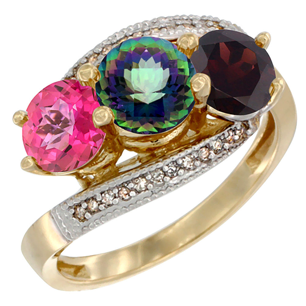 10K Yellow Gold Natural Pink Topaz, Mystic Topaz & Garnet 3 stone Ring Round 6mm Diamond Accent, sizes 5 - 10