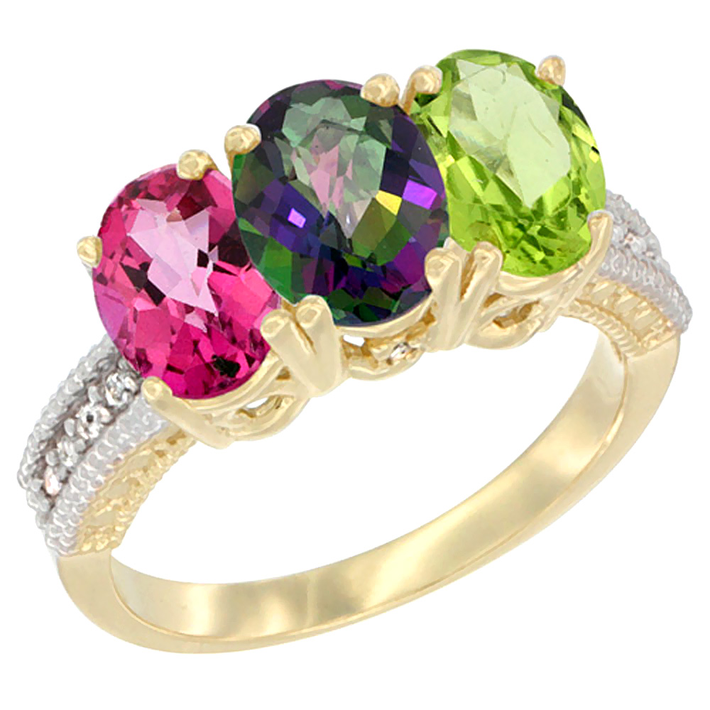 14K Yellow Gold Natural Pink Topaz, Mystic Topaz & Peridot Ring 3-Stone 7x5 mm Oval Diamond Accent, sizes 5 - 10