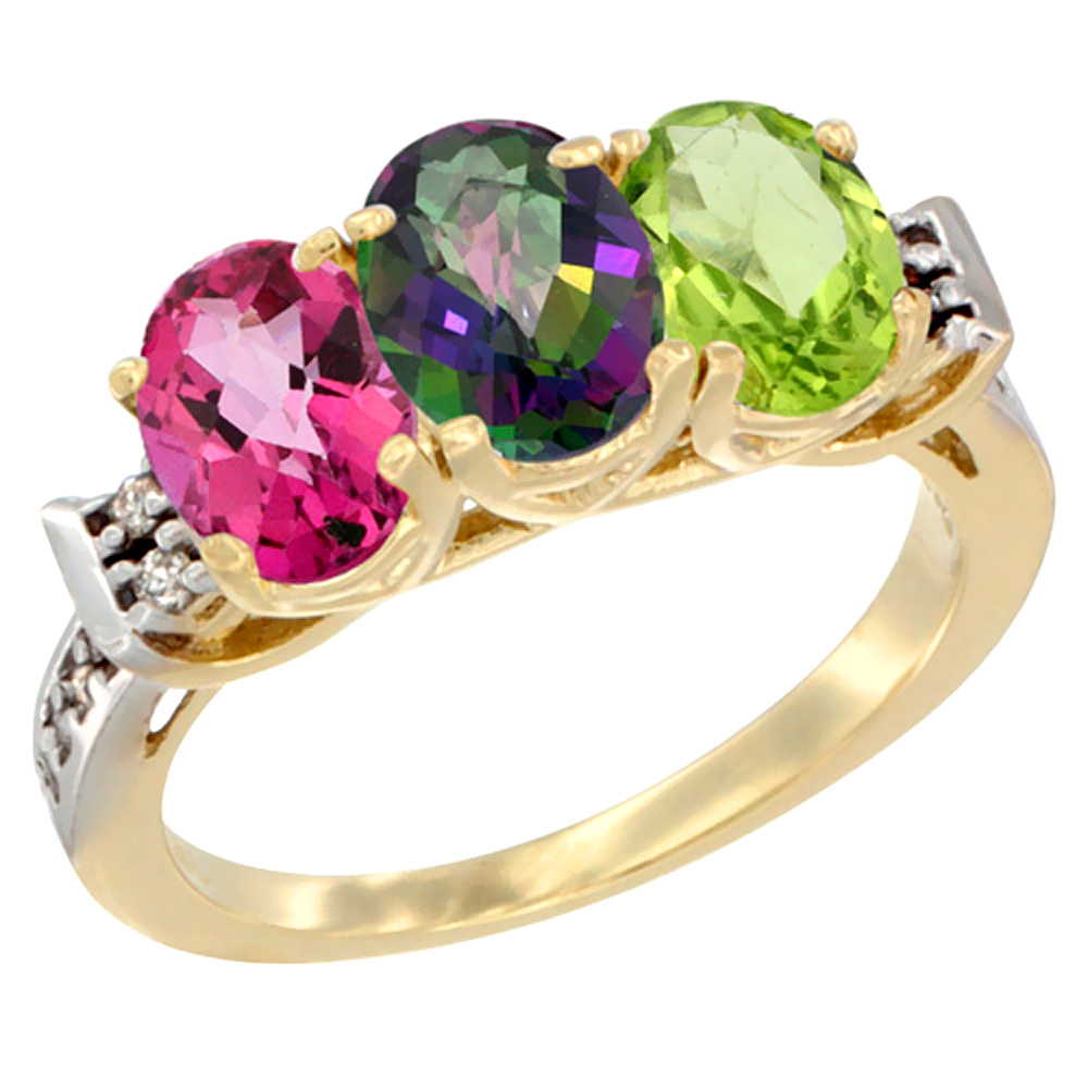 10K Yellow Gold Natural Pink Topaz, Mystic Topaz & Peridot Ring 3-Stone Oval 7x5 mm Diamond Accent, sizes 5 - 10