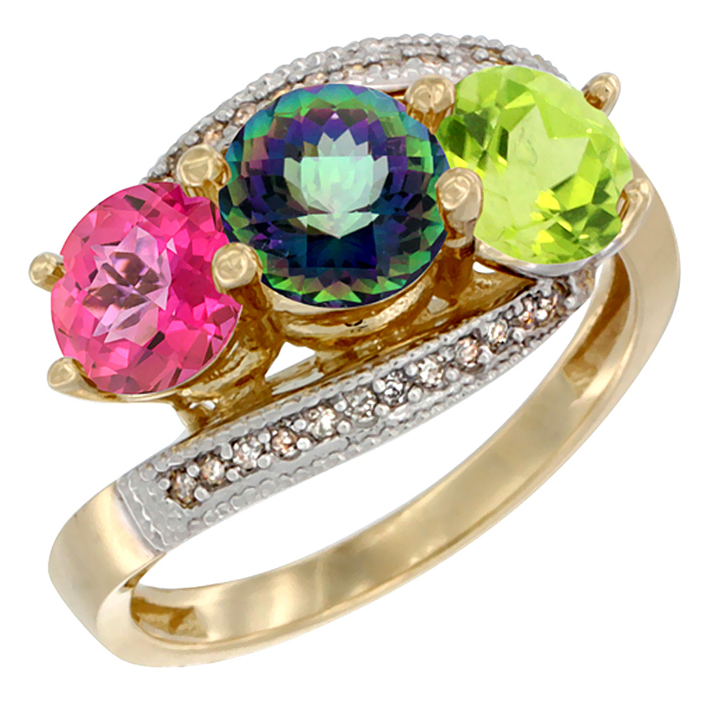 14K Yellow Gold Natural Pink Topaz, Mystic Topaz &amp; Peridot 3 stone Ring Round 6mm Diamond Accent, sizes 5 - 10