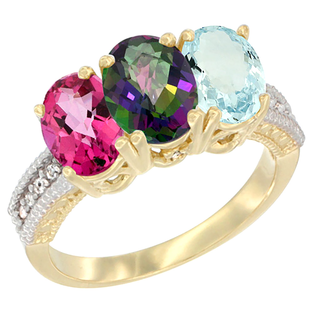 14K Yellow Gold Natural Pink Topaz, Mystic Topaz & Aquamarine Ring 3-Stone 7x5 mm Oval Diamond Accent, sizes 5 - 10