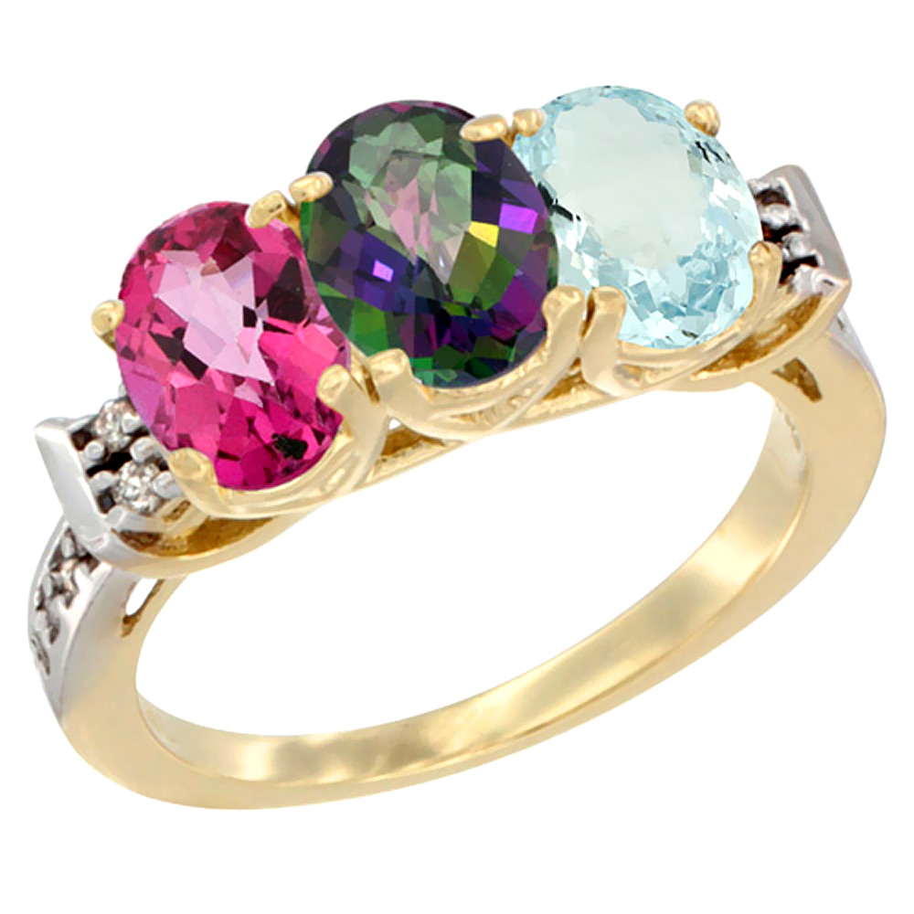 14K Yellow Gold Natural Pink Topaz, Mystic Topaz & Aquamarine Ring 3-Stone 7x5 mm Oval Diamond Accent, sizes 5 - 10