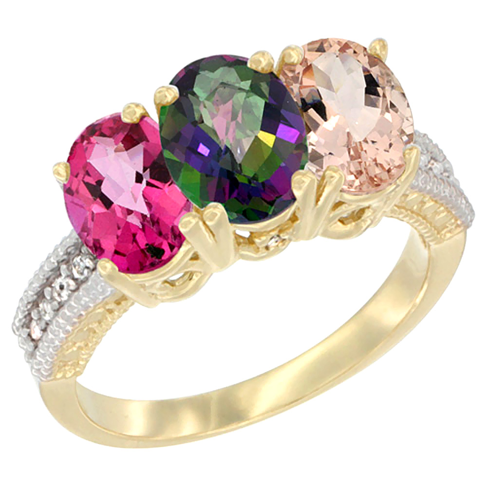 14K Yellow Gold Natural Pink Topaz, Mystic Topaz & Morganite Ring 3-Stone 7x5 mm Oval Diamond Accent, sizes 5 - 10