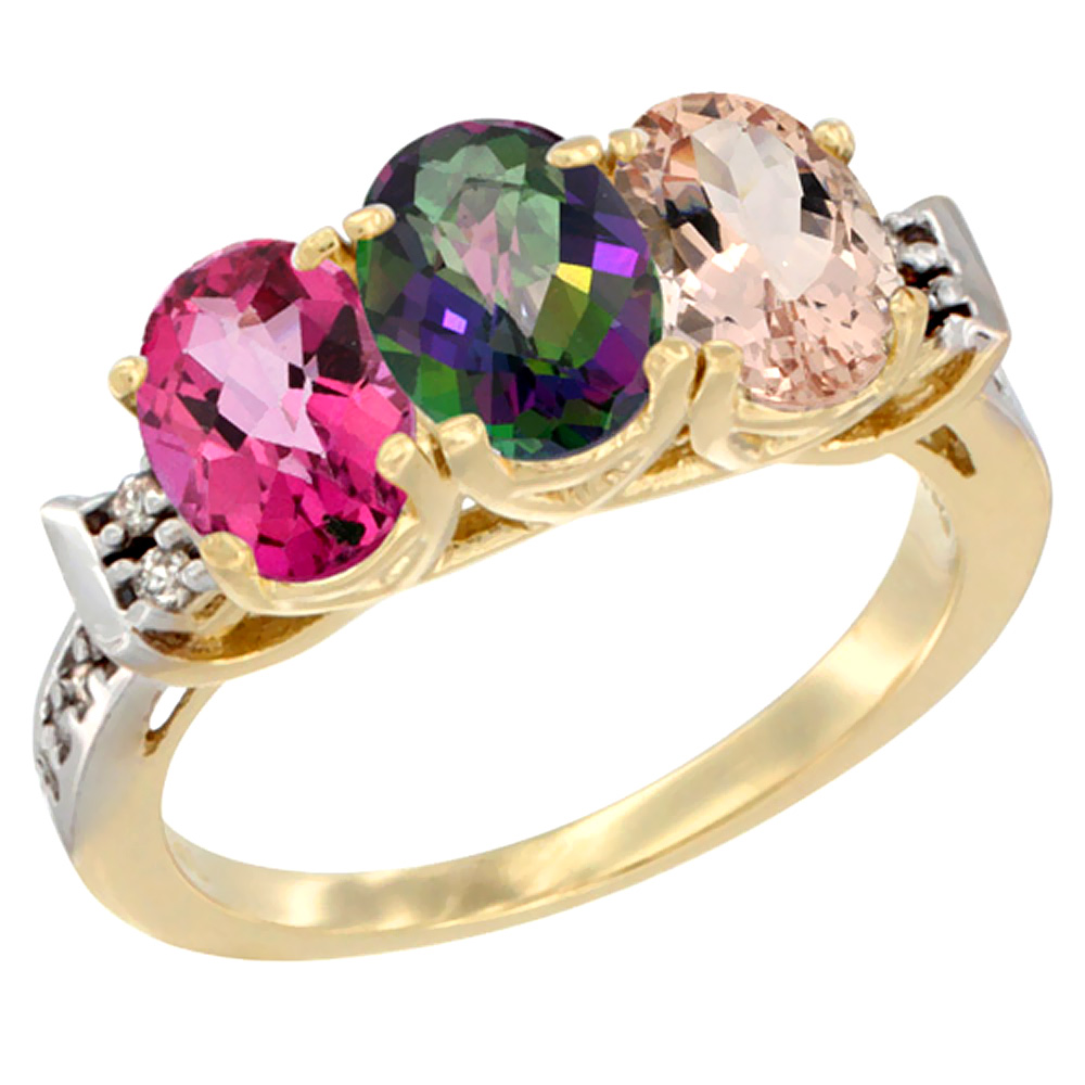 14K Yellow Gold Natural Pink Topaz, Mystic Topaz &amp; Morganite Ring 3-Stone 7x5 mm Oval Diamond Accent, sizes 5 - 10