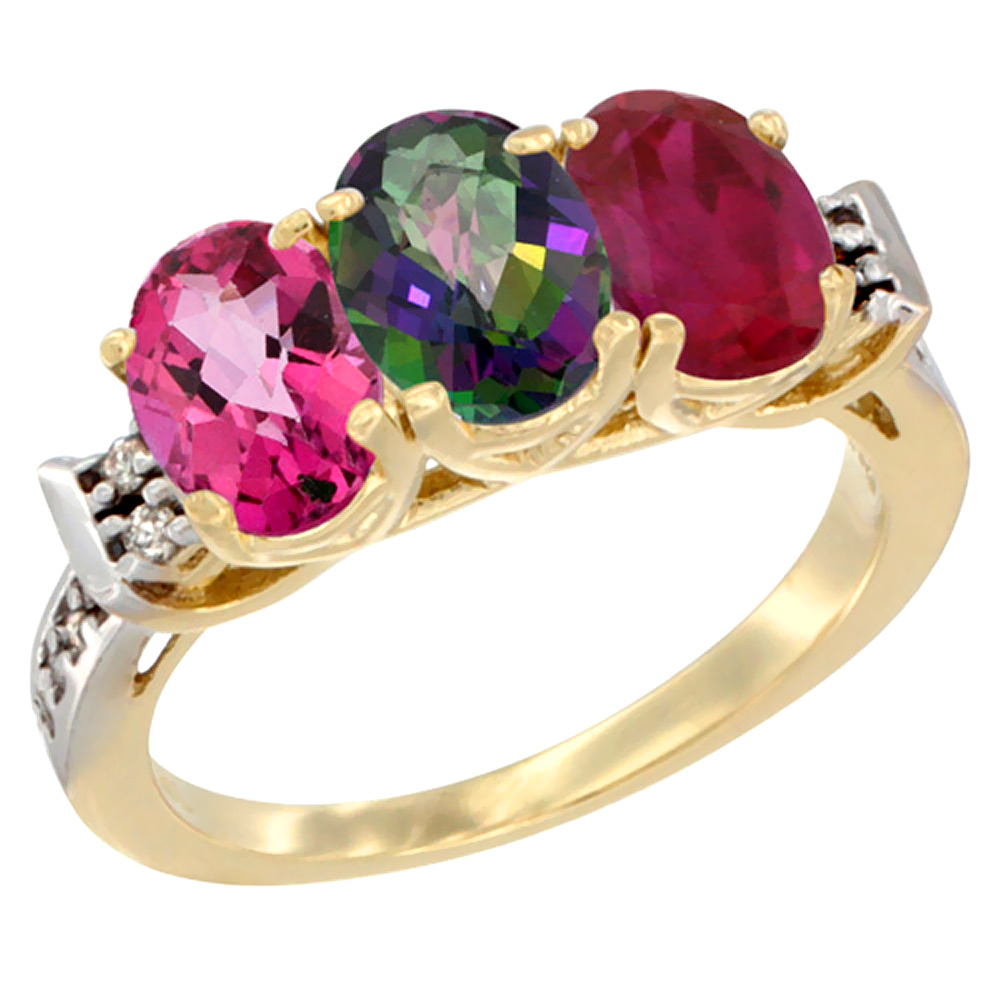 14K Yellow Gold Natural Pink Topaz, Mystic Topaz & Enhanced Ruby Ring 3-Stone 7x5 mm Oval Diamond Accent, sizes 5 - 10