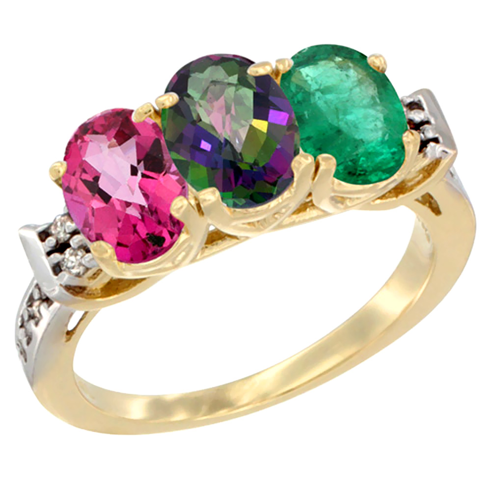 14K Yellow Gold Natural Pink Topaz, Mystic Topaz & Emerald Ring 3-Stone 7x5 mm Oval Diamond Accent, sizes 5 - 10