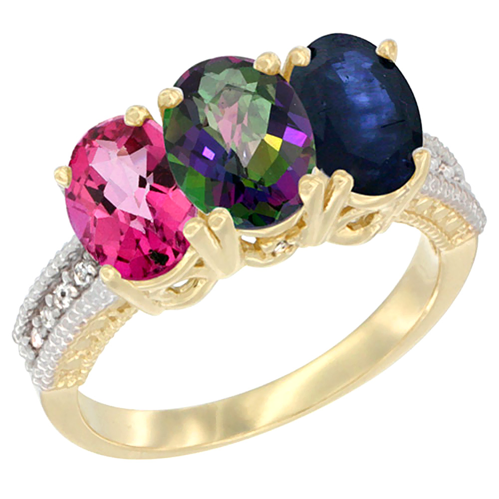 14K Yellow Gold Natural Pink Topaz, Mystic Topaz &amp; Blue Sapphire Ring 3-Stone 7x5 mm Oval Diamond Accent, sizes 5 - 10