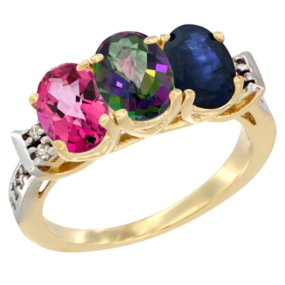 14K Yellow Gold Natural Pink Topaz, Mystic Topaz & Blue Sapphire Ring 3-Stone 7x5 mm Oval Diamond Accent, sizes 5 - 10