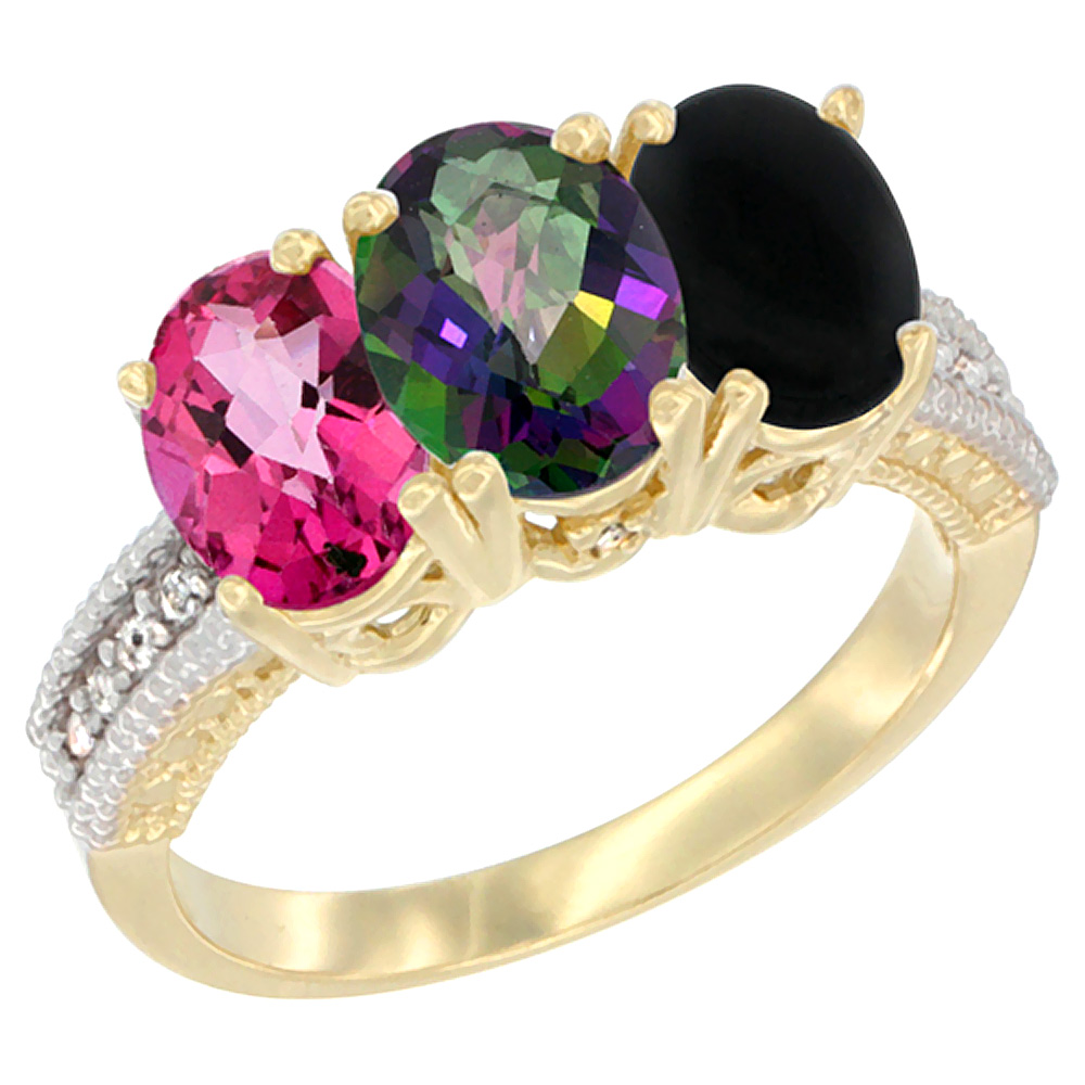 14K Yellow Gold Natural Pink Topaz, Mystic Topaz & Black Onyx Ring 3-Stone 7x5 mm Oval Diamond Accent, sizes 5 - 10