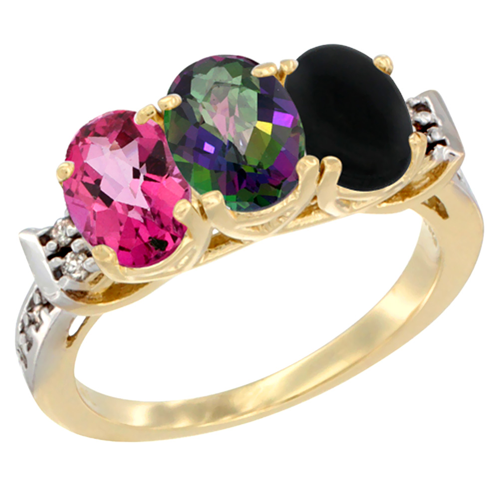 14K Yellow Gold Natural Pink Topaz, Mystic Topaz & Black Onyx Ring 3-Stone 7x5 mm Oval Diamond Accent, sizes 5 - 10