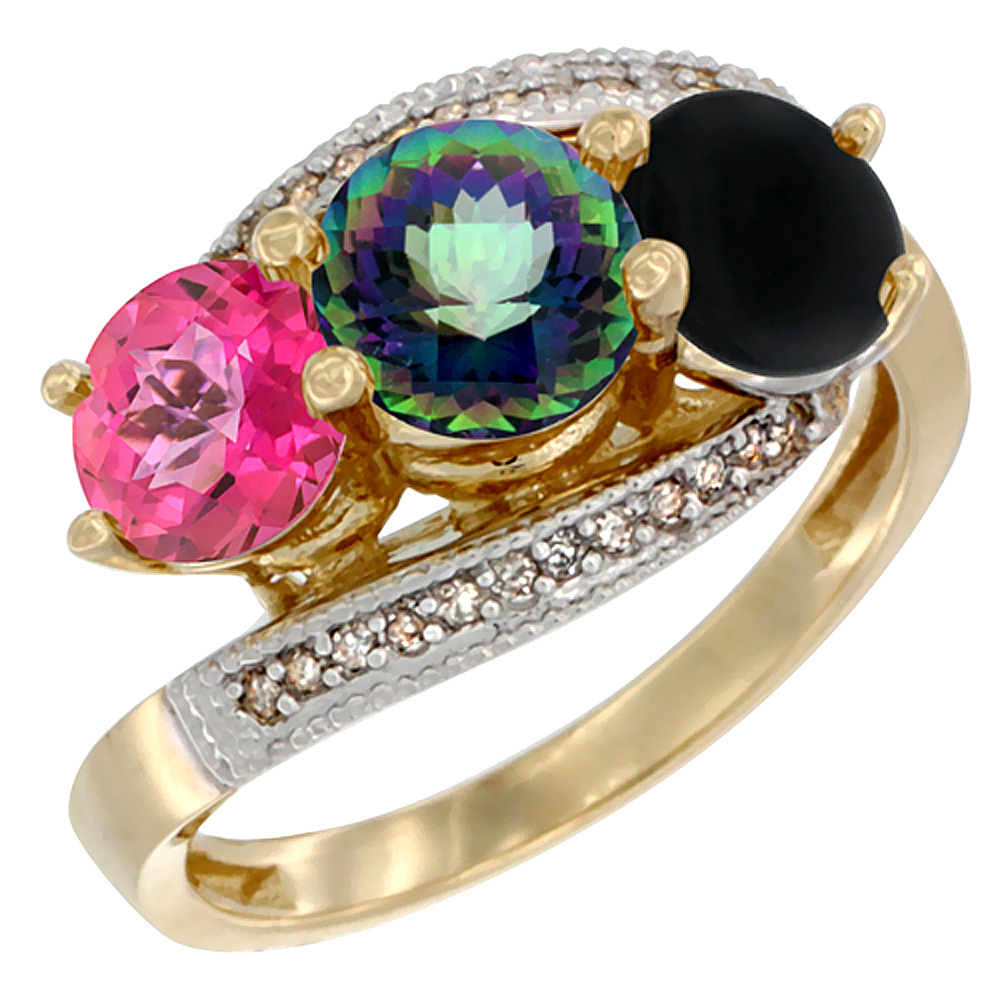 14K Yellow Gold Natural Pink Topaz, Mystic Topaz & Black Onyx 3 stone Ring Round 6mm Diamond Accent, sizes 5 - 10