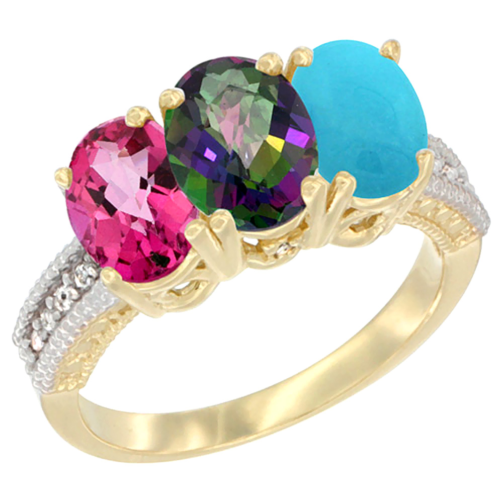 14K Yellow Gold Natural Pink Topaz, Mystic Topaz &amp; Turquoise Ring 3-Stone 7x5 mm Oval Diamond Accent, sizes 5 - 10