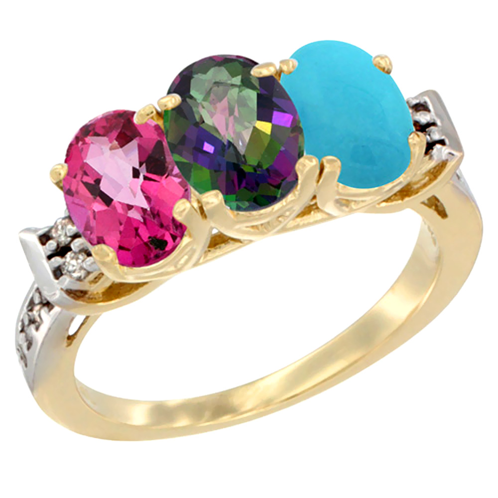 10K Yellow Gold Natural Pink Topaz, Mystic Topaz & Turquoise Ring 3-Stone Oval 7x5 mm Diamond Accent, sizes 5 - 10