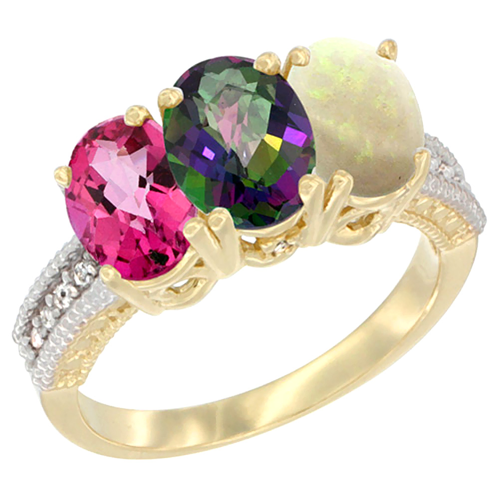 14K Yellow Gold Natural Pink Topaz, Mystic Topaz & Opal Ring 3-Stone 7x5 mm Oval Diamond Accent, sizes 5 - 10