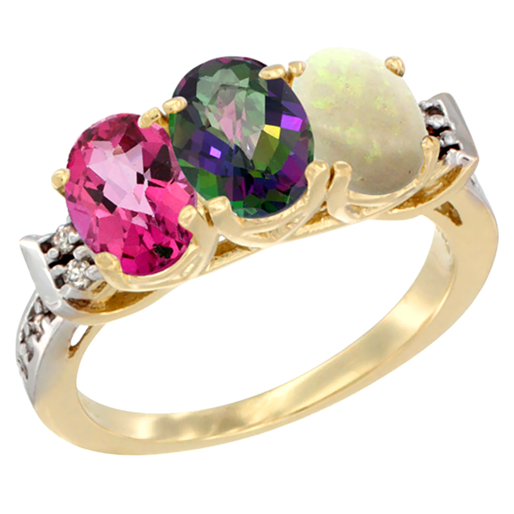 10K Yellow Gold Natural Pink Topaz, Mystic Topaz & Opal Ring 3-Stone Oval 7x5 mm Diamond Accent, sizes 5 - 10