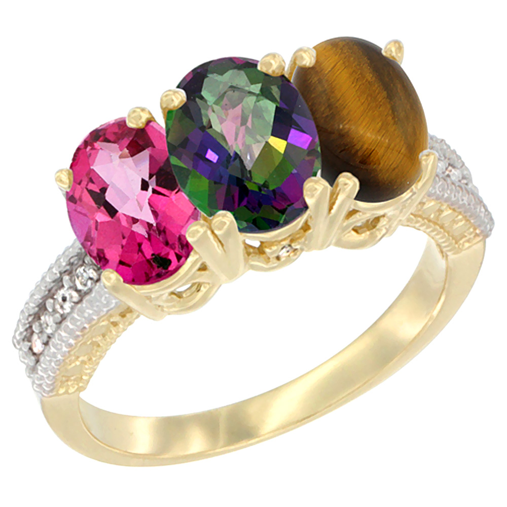 14K Yellow Gold Natural Pink Topaz, Mystic Topaz & Tiger Eye Ring 3-Stone 7x5 mm Oval Diamond Accent, sizes 5 - 10