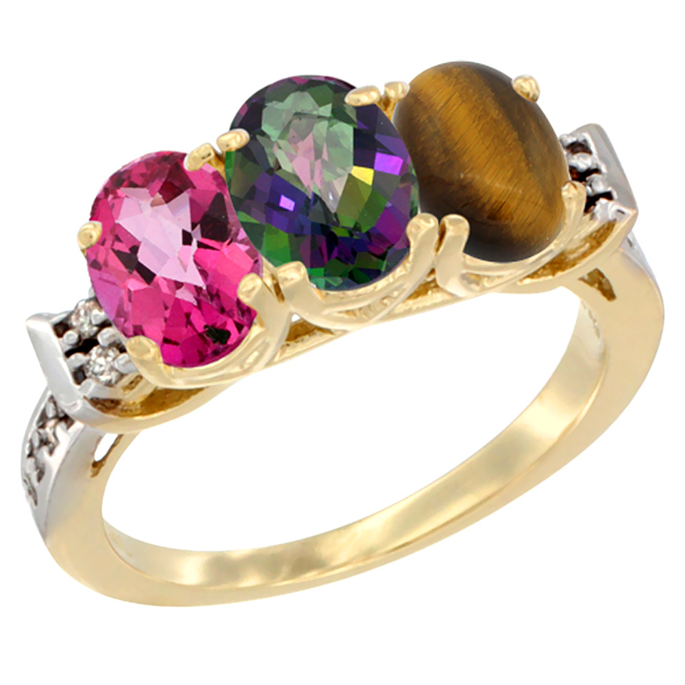 10K Yellow Gold Natural Pink Topaz, Mystic Topaz & Tiger Eye Ring 3-Stone Oval 7x5 mm Diamond Accent, sizes 5 - 10