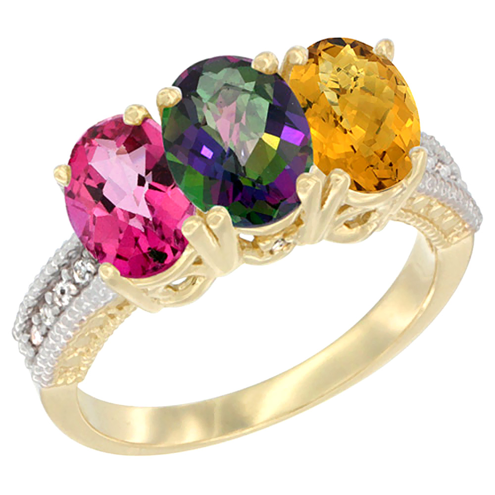 14K Yellow Gold Natural Pink Topaz, Mystic Topaz & Whisky Quartz Ring 3-Stone 7x5 mm Oval Diamond Accent, sizes 5 - 10