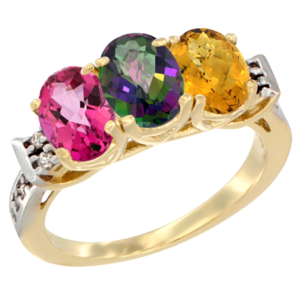 14K Yellow Gold Natural Pink Topaz, Mystic Topaz & Whisky Quartz Ring 3-Stone 7x5 mm Oval Diamond Accent, sizes 5 - 10