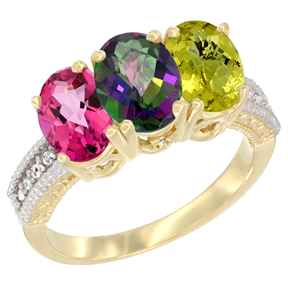 14K Yellow Gold Natural Pink Topaz, Mystic Topaz & Lemon Quartz Ring 3-Stone 7x5 mm Oval Diamond Accent, sizes 5 - 10