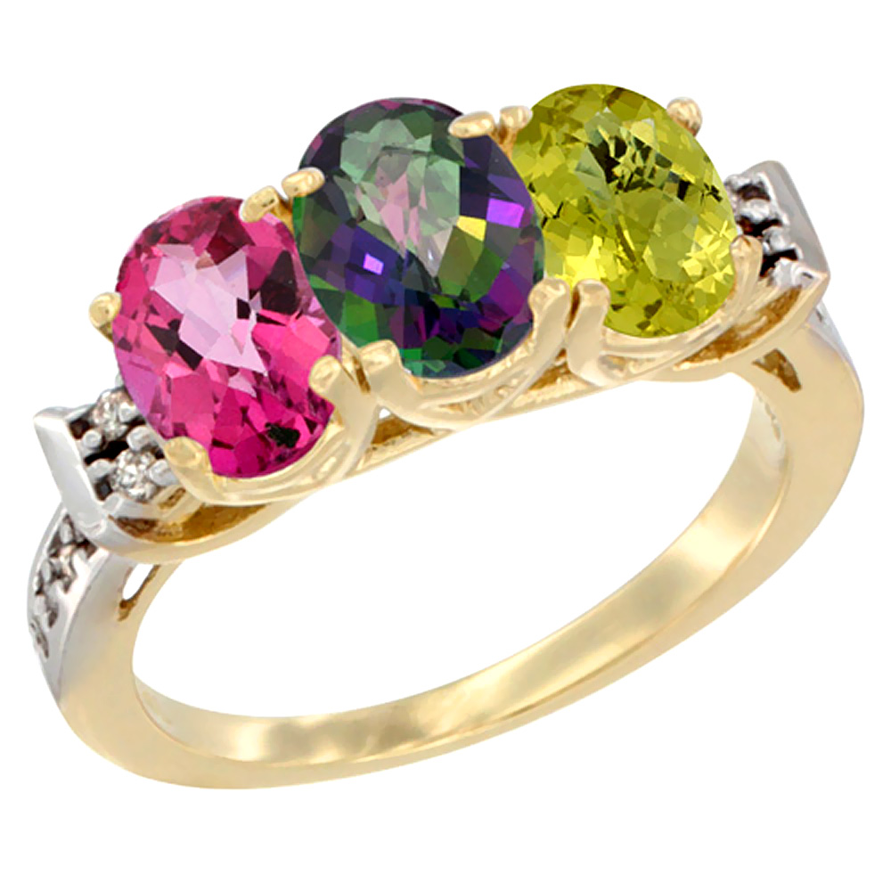 10K Yellow Gold Natural Pink Topaz, Mystic Topaz & Lemon Quartz Ring 3-Stone Oval 7x5 mm Diamond Accent, sizes 5 - 10