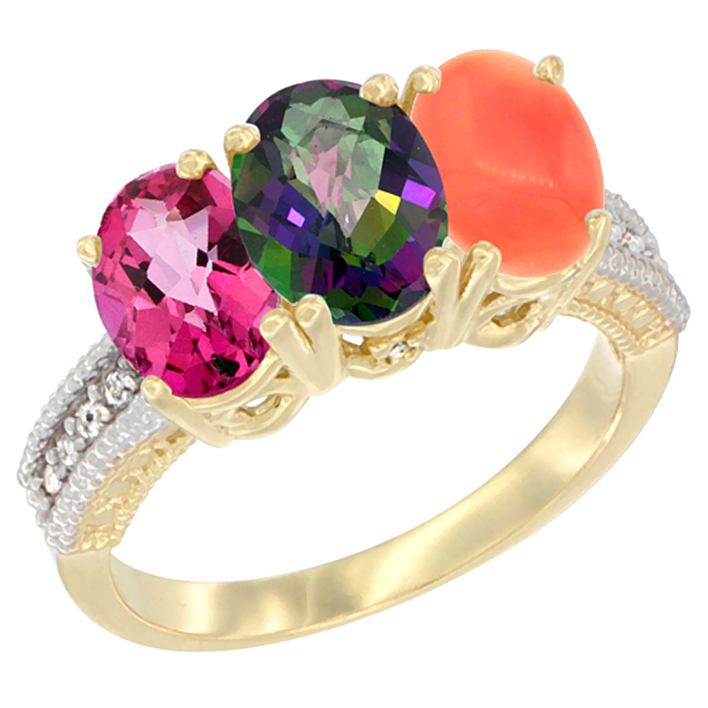 14K Yellow Gold Natural Pink Topaz, Mystic Topaz & Coral Ring 3-Stone 7x5 mm Oval Diamond Accent, sizes 5 - 10