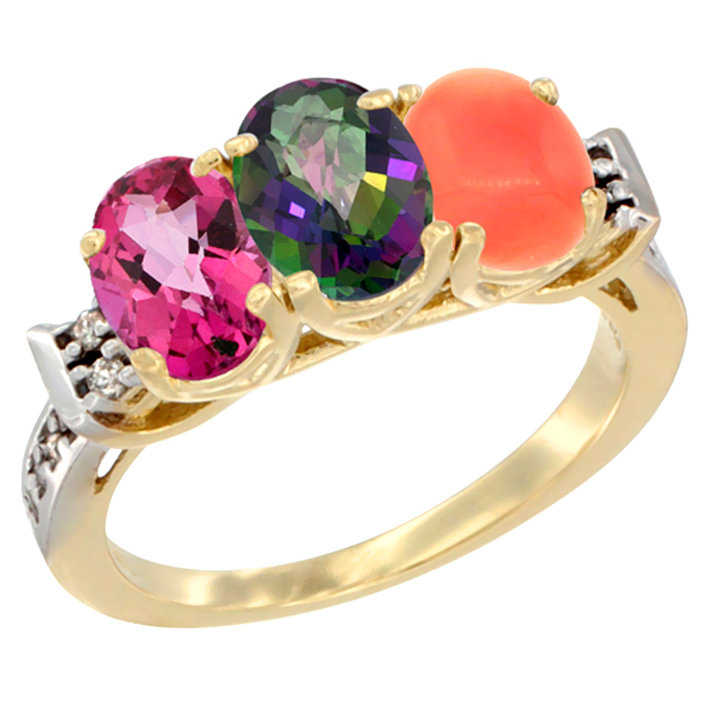 10K Yellow Gold Natural Pink Topaz, Mystic Topaz & Coral Ring 3-Stone Oval 7x5 mm Diamond Accent, sizes 5 - 10