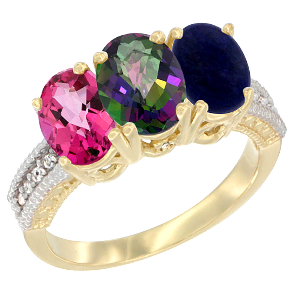14K Yellow Gold Natural Pink Topaz, Mystic Topaz & Lapis Ring 3-Stone 7x5 mm Oval Diamond Accent, sizes 5 - 10