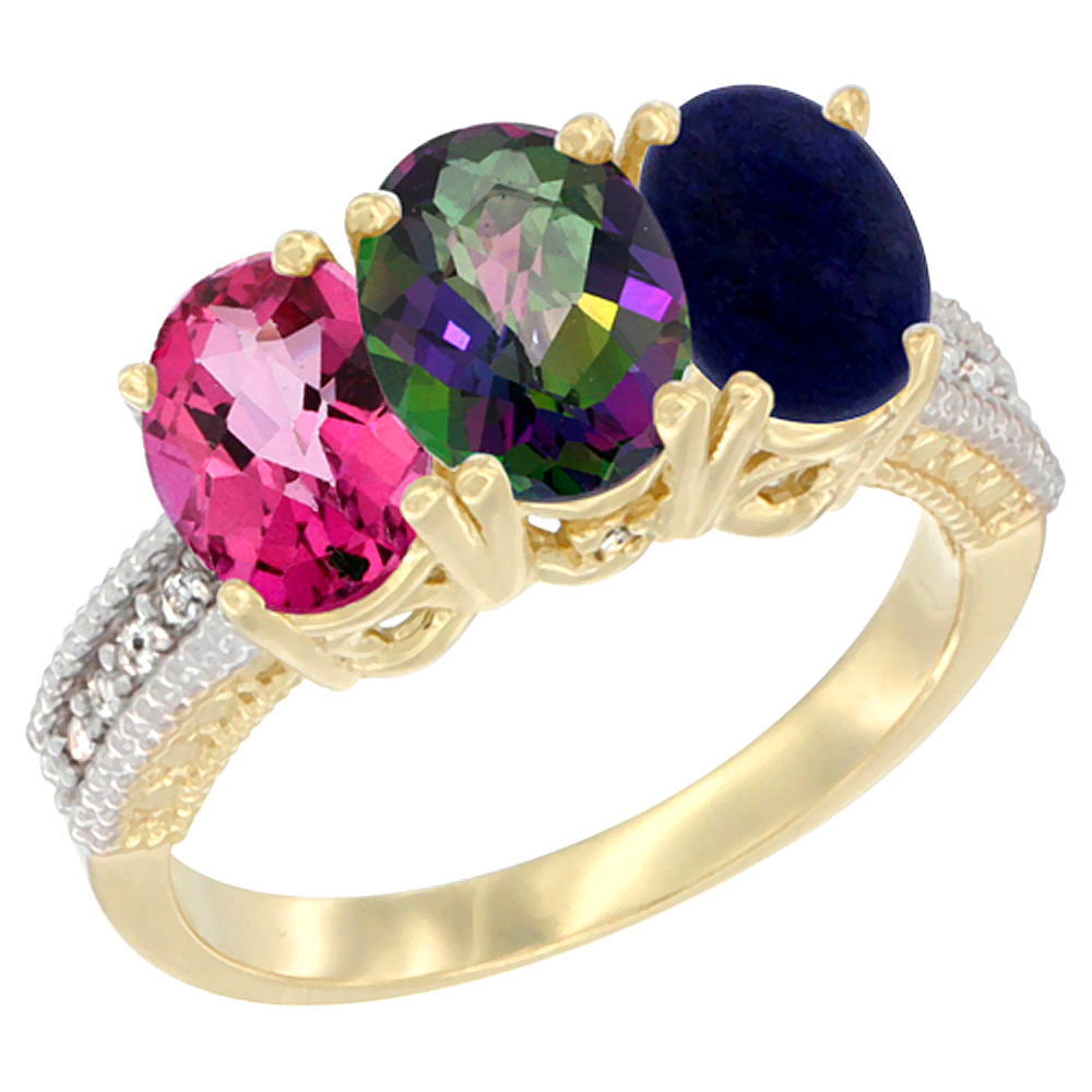 10K Yellow Gold Diamond Natural Pink Topaz, Mystic Topaz & Lapis Ring 3-Stone Oval 7x5 mm, sizes 5 - 10