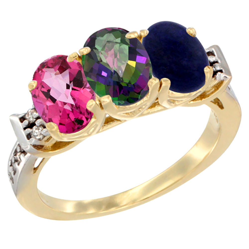 14K Yellow Gold Natural Pink Topaz, Mystic Topaz & Lapis Ring 3-Stone 7x5 mm Oval Diamond Accent, sizes 5 - 10
