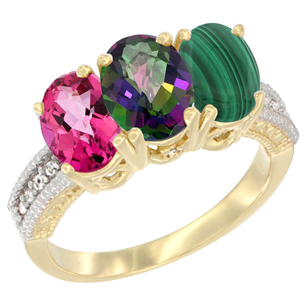 14K Yellow Gold Natural Pink Topaz, Mystic Topaz & Malachite Ring 3-Stone 7x5 mm Oval Diamond Accent, sizes 5 - 10