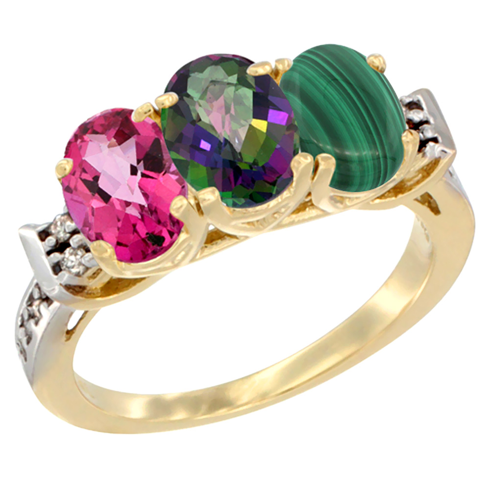 10K Yellow Gold Natural Pink Topaz, Mystic Topaz & Malachite Ring 3-Stone Oval 7x5 mm Diamond Accent, sizes 5 - 10