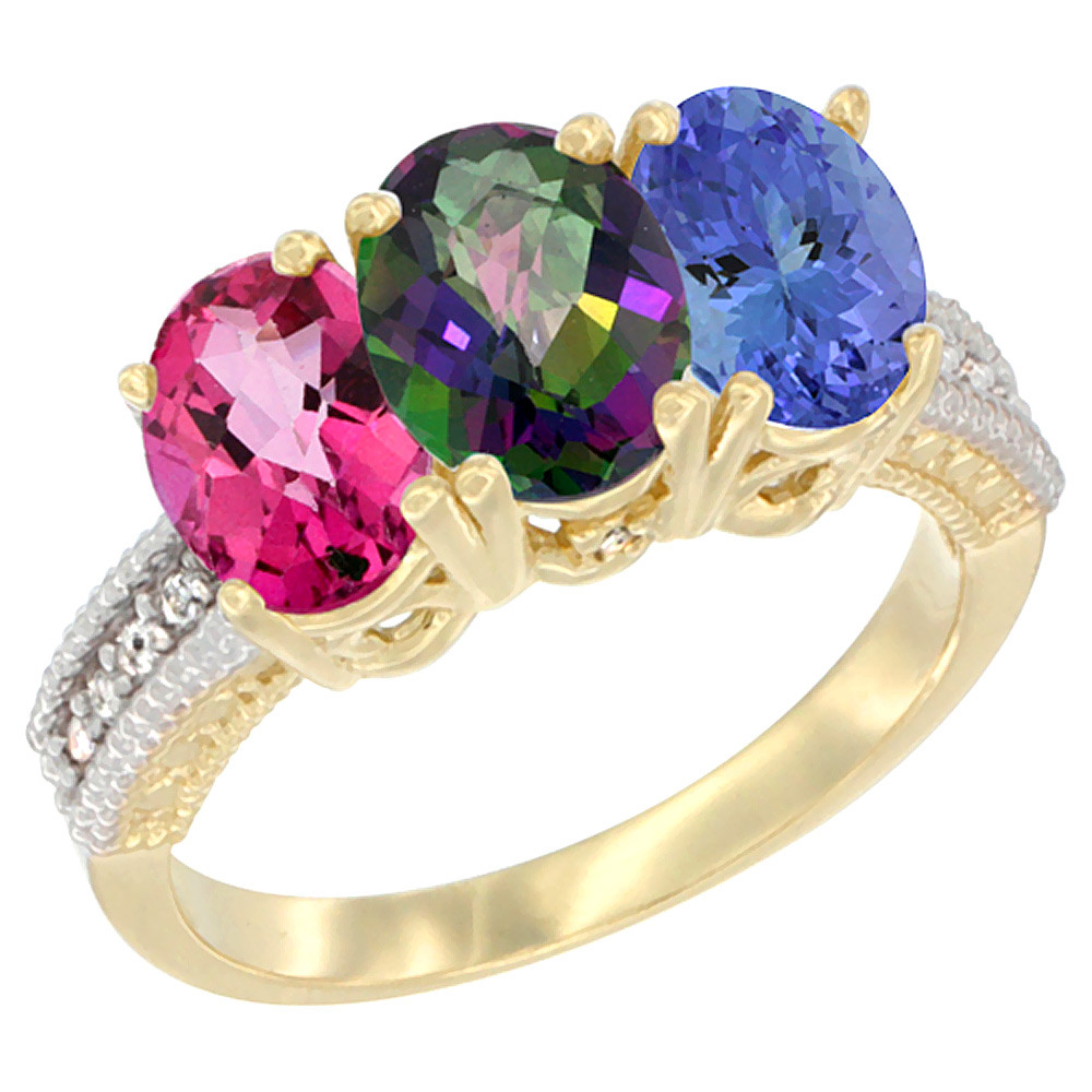 14K Yellow Gold Natural Pink Topaz, Mystic Topaz &amp; Tanzanite Ring 3-Stone 7x5 mm Oval Diamond Accent, sizes 5 - 10