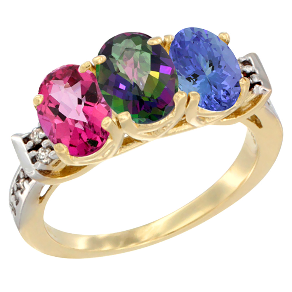 14K Yellow Gold Natural Pink Topaz, Mystic Topaz &amp; Tanzanite Ring 3-Stone 7x5 mm Oval Diamond Accent, sizes 5 - 10