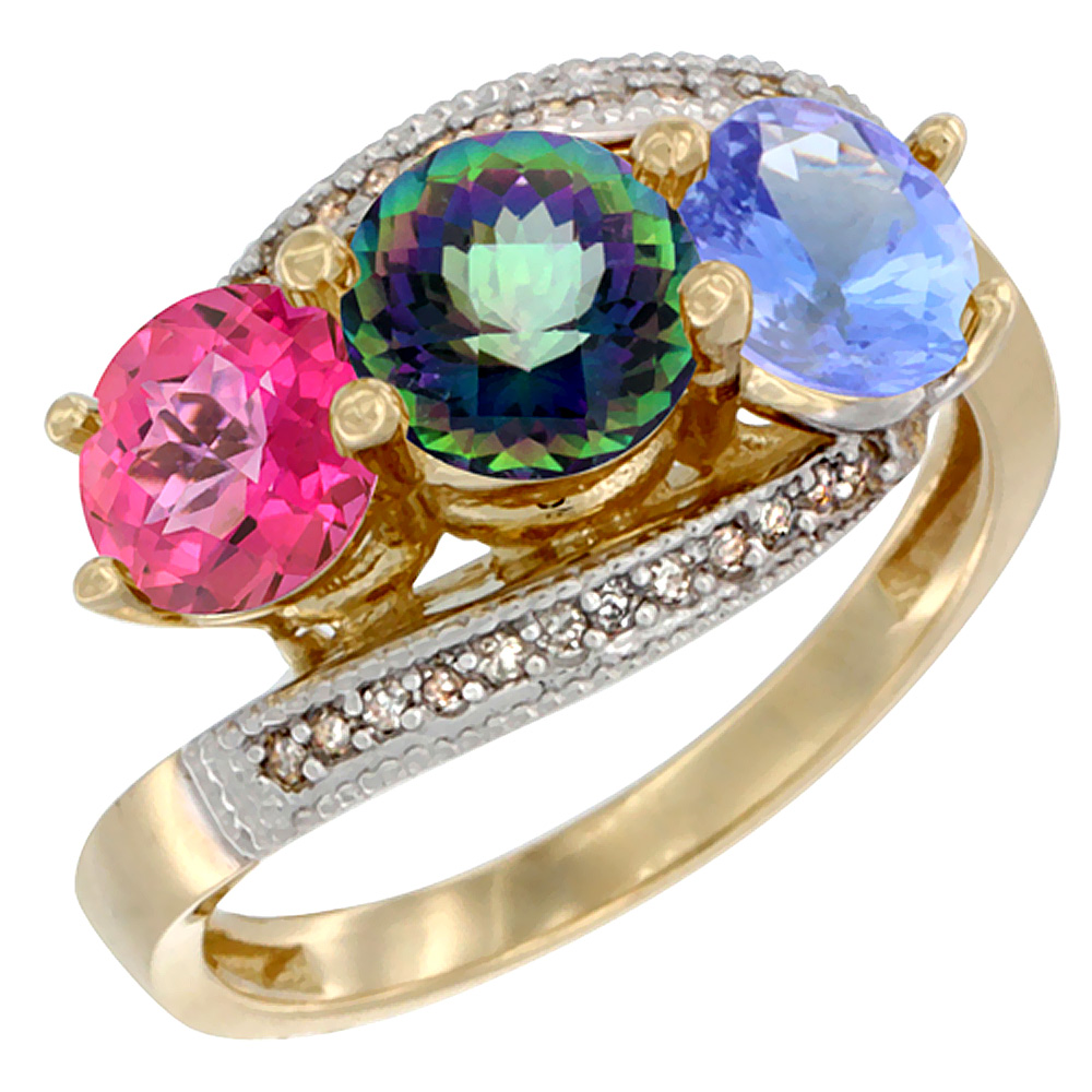 14K Yellow Gold Natural Pink Topaz, Mystic Topaz & Tanzanite 3 stone Ring Round 6mm Diamond Accent, sizes 5 - 10