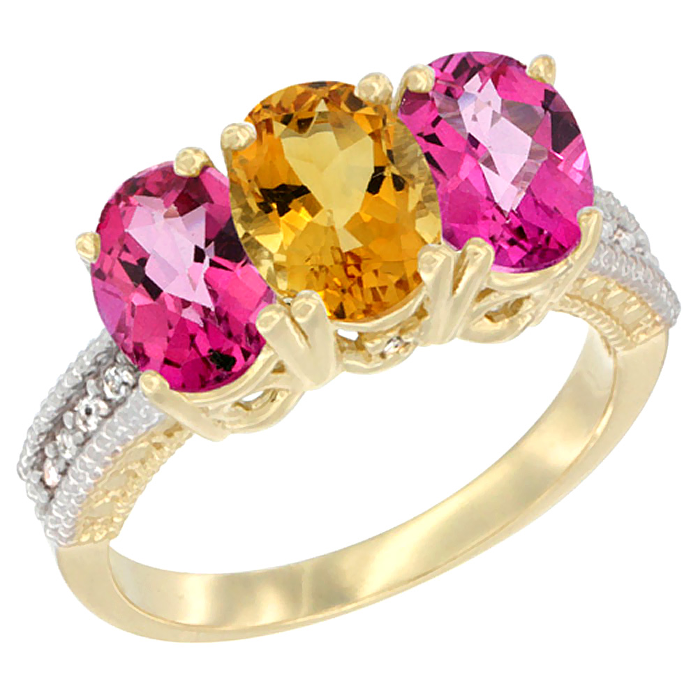 14K Yellow Gold Natural Citrine &amp; Pink Topaz Sides Ring 3-Stone 7x5 mm Oval Diamond Accent, sizes 5 - 10