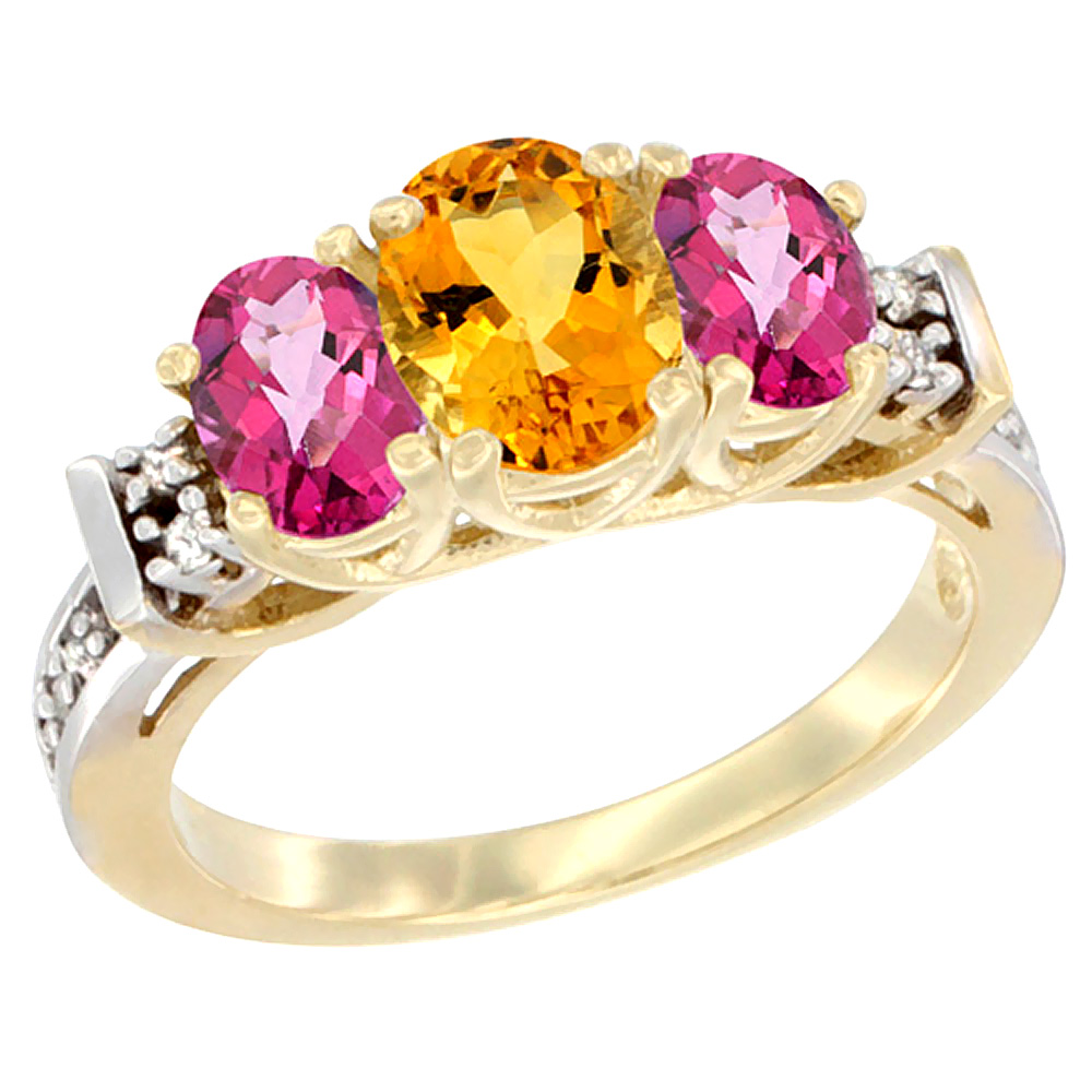 14K Yellow Gold Natural Citrine & Pink Topaz Ring 3-Stone Oval Diamond Accent