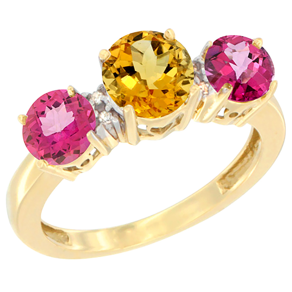14K Yellow Gold Round 3-Stone Natural Citrine Ring &amp; Pink Topaz Sides Diamond Accent, sizes 5 - 10