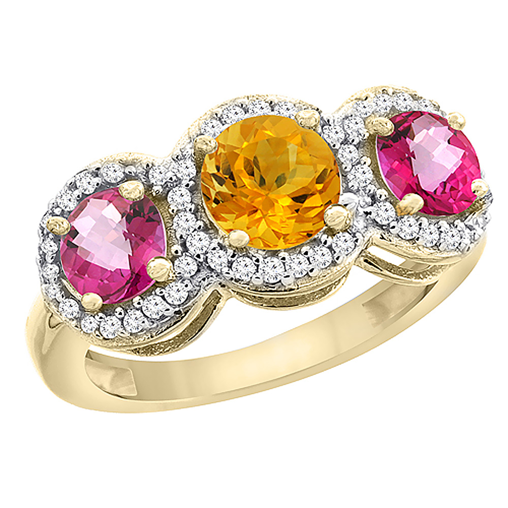 14K Yellow Gold Natural Citrine &amp; Pink Topaz Sides Round 3-stone Ring Diamond Accents, sizes 5 - 10